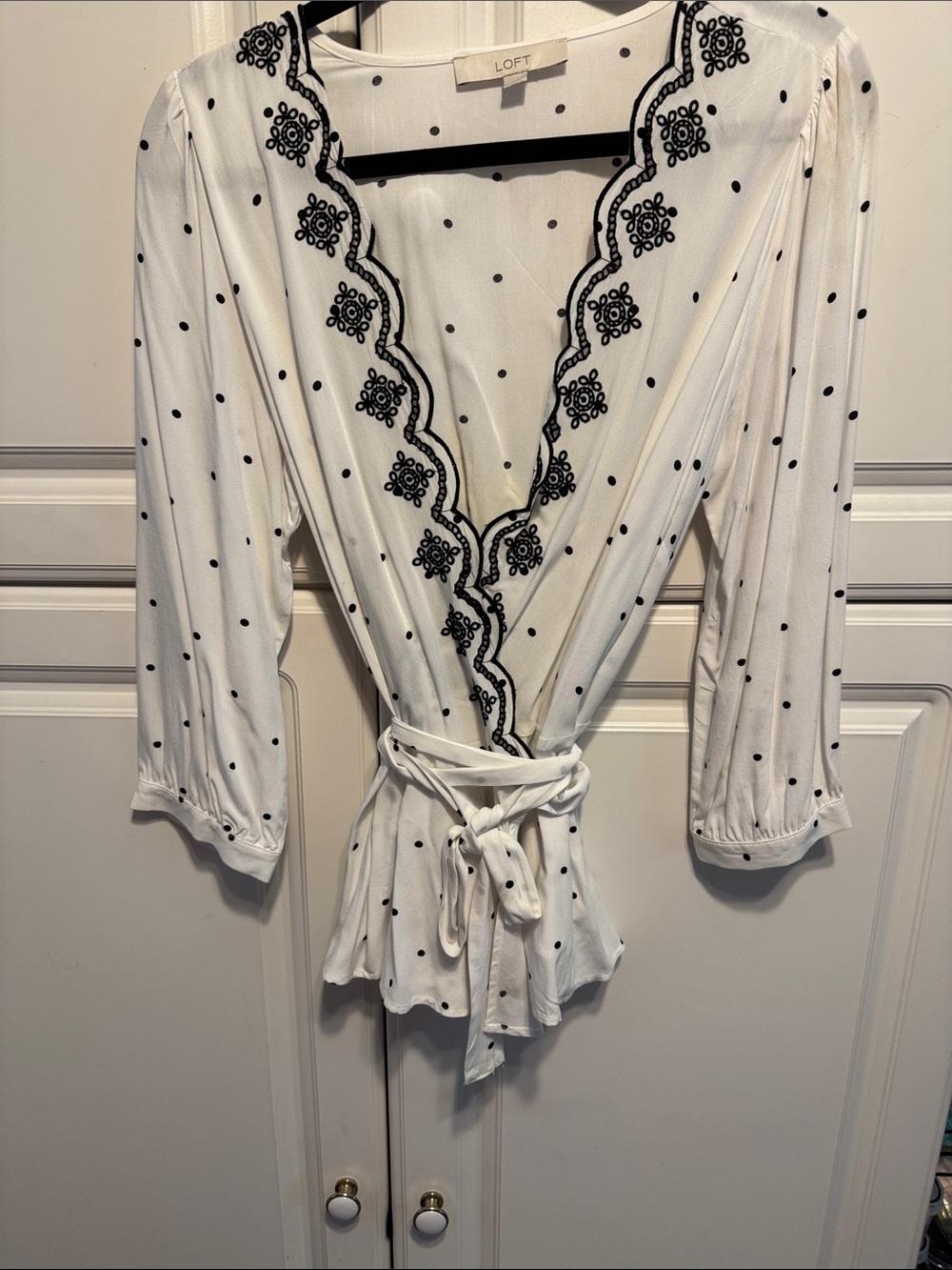LOFT White Wrap Blouse with Black Polka Dots and Black Scalloped Trim